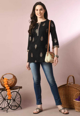MF ERA Women Printed Straight Kurta(Black)