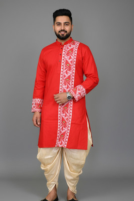 Chandra Men Woven Design Straight Kurta(Red)