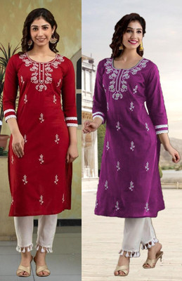 vikshi Women Chikan Embroidery Straight Kurta(Multicolor)