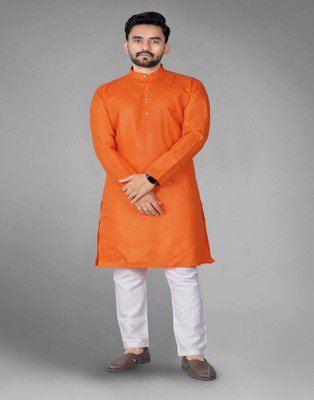 DHASU TRENDZ Men Solid Straight Kurta(Orange)