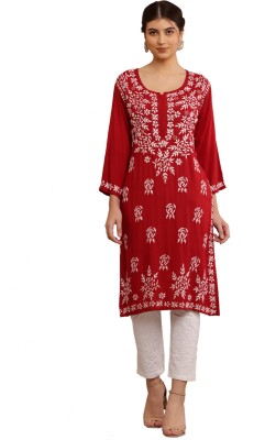 FAWOMENT Women Printed Straight Kurta(Maroon)