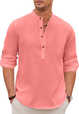 ZOMBOM Men Solid Straight Kurta(Pink)