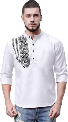 FOLGEN Men Self Design Straight Kurta(White)