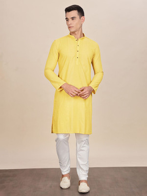 ANOUK Men Abstract Straight Kurta(Yellow)