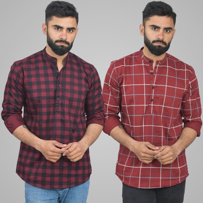 QuaClo Men Checkered Straight Kurta(Maroon)