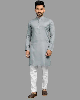 Rushva Men Solid Straight Kurta(Grey)