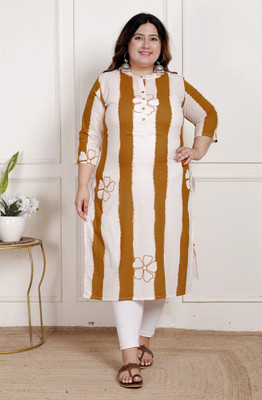 akritik Women Floral Print Straight Kurta(Orange, White)