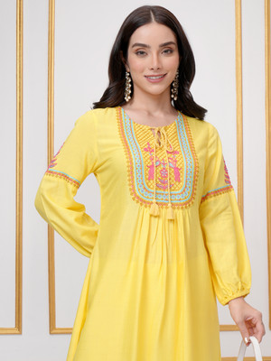 Vishudh Women Woven Design A-line Kurta(Yellow)