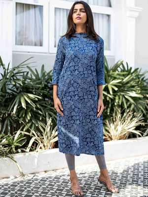 bindudi Women Printed A-line Kurta(Blue)