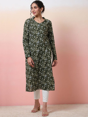 Sangria Women Printed Straight Kurta(Green)