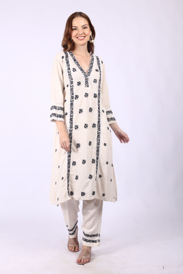 Rumi Chikan Women Chikan Embroidery A-line Kurta(Beige)