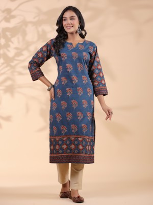 VBUYZ Women Floral Print Straight Kurta(Blue)