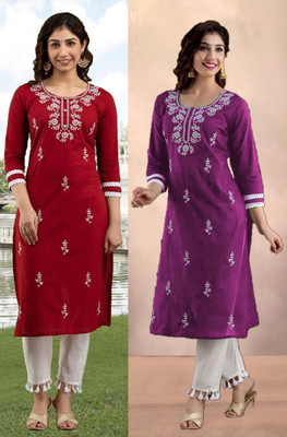 vikshi Women Chikan Embroidery Straight Kurta(Red, Purple)