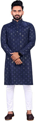 Adee Men Embroidered Straight Kurta(Dark Blue)