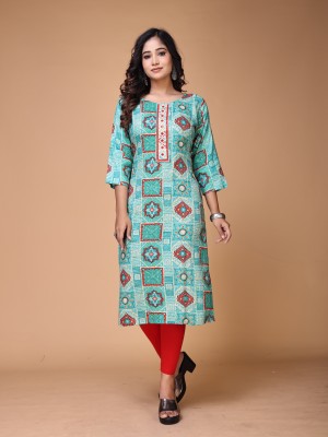 RANGLO Women Printed Straight Kurta(Blue)