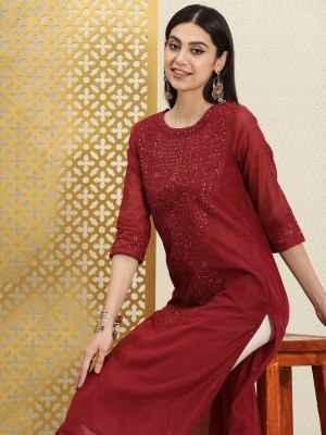 House of Pataudi Women Embellished Straight Kurta(Maroon)