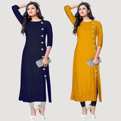 RK Costing Women Solid Straight Kurta(Dark Blue, Yellow)