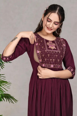 ZenaFashion Women Embroidered Anarkali Kurta(Brown)