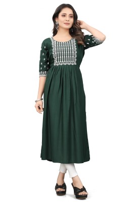 MATHAE Women Embroidered A-line Kurta(Dark Green)