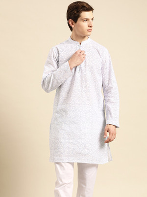 ANOUK Men Floral Print Straight Kurta(Purple, White)