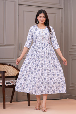 RILAKE Women Printed Flared Kurta(White)
