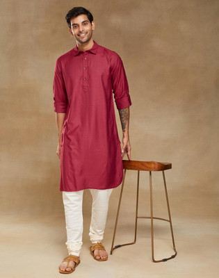 Fabindia Men Solid Pathani Kurta(Red)