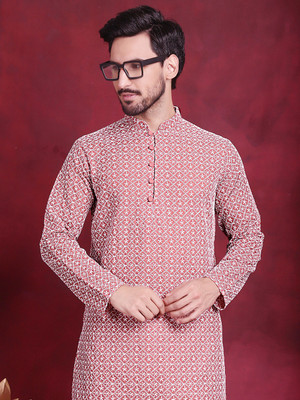 Jompers Men Embroidered Straight Kurta(Pink)