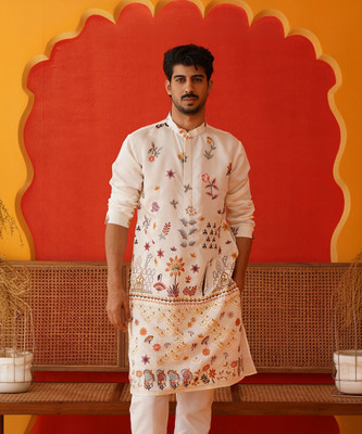 Jompers Men Embroidered Straight Kurta(White)
