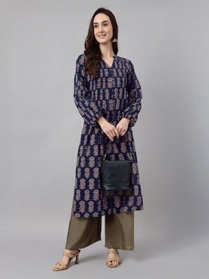 Janasya Women Floral Print Flared Kurta(Blue)