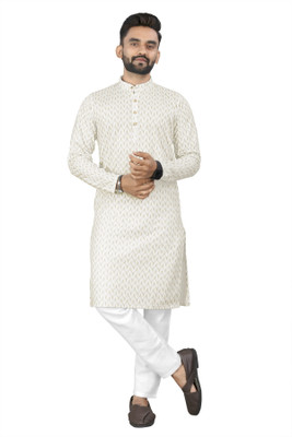 click n buy Men Printed, Self Design A-line Kurta(Beige)