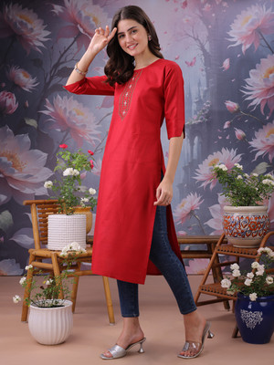 FORKEY Women Embroidered Straight Kurta(Maroon)