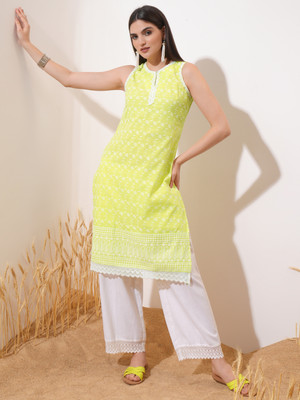 Vishudh Women Embroidered Straight Kurta(Green)