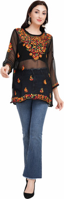 Nazaqat Women Chikan Embroidery, Embroidered Straight Kurta(Black)