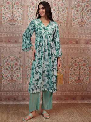 Vishudh Women Printed Flared Kurta(Green)