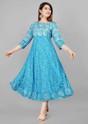KHOWAL Women Embroidered Anarkali Kurta(Light Blue)