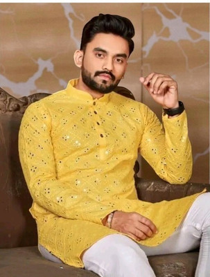 Vastra Men Embroidered Straight Kurta(Black)