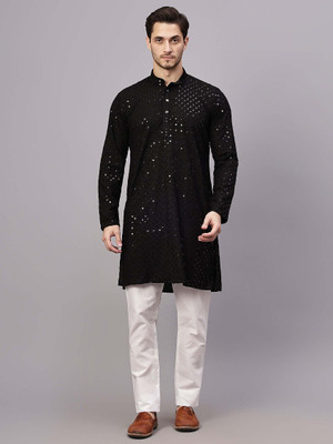 Yugnik Men Chikan Embroidery A-line Kurta(Black)