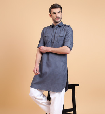 sultan Men Solid Pathani Kurta(Grey)