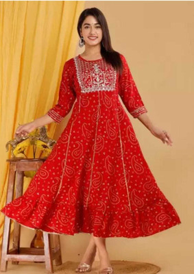 Aashiward Women Printed Anarkali Kurta(Red)