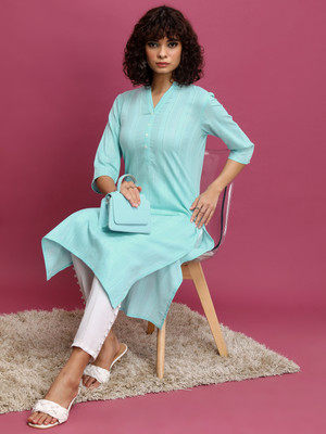 Vishudh Women Solid Straight Kurta(Blue)