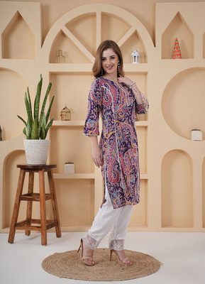 Queenslifestyle Women Printed Pakistani Kurta(Purple)