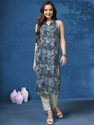 ANOUK Women Printed Straight Kurta(Grey)