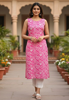 REEMO Women Printed Flared Kurta(Pink)