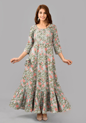 H & N Women Printed Anarkali Kurta(Grey)