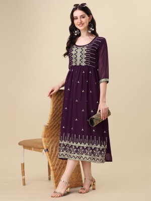 Fashtown Women Embroidered Anarkali Kurta(Gold, Purple)