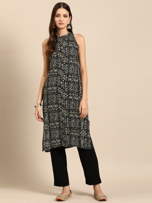 ANOUK Women Printed Straight Kurta(Black)