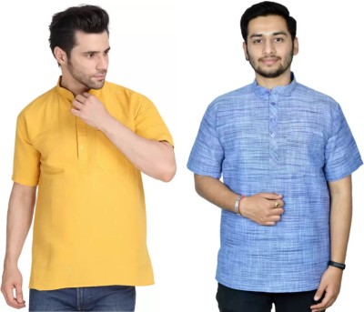 isdfabric Men Self Design Straight Kurta(Blue, Yellow)