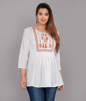 Wasma Fashion Women Embroidered Flared Kurta(White)