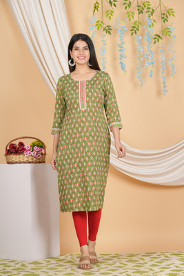 HouseOfCommon Women Floral Print Straight Kurta(Green)