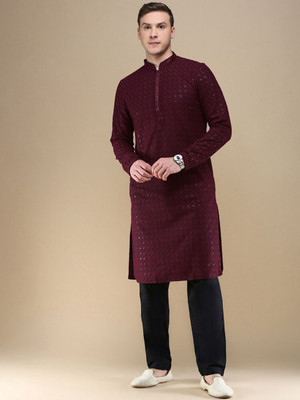 ANOUK Men Geometric Print Straight Kurta(Maroon)